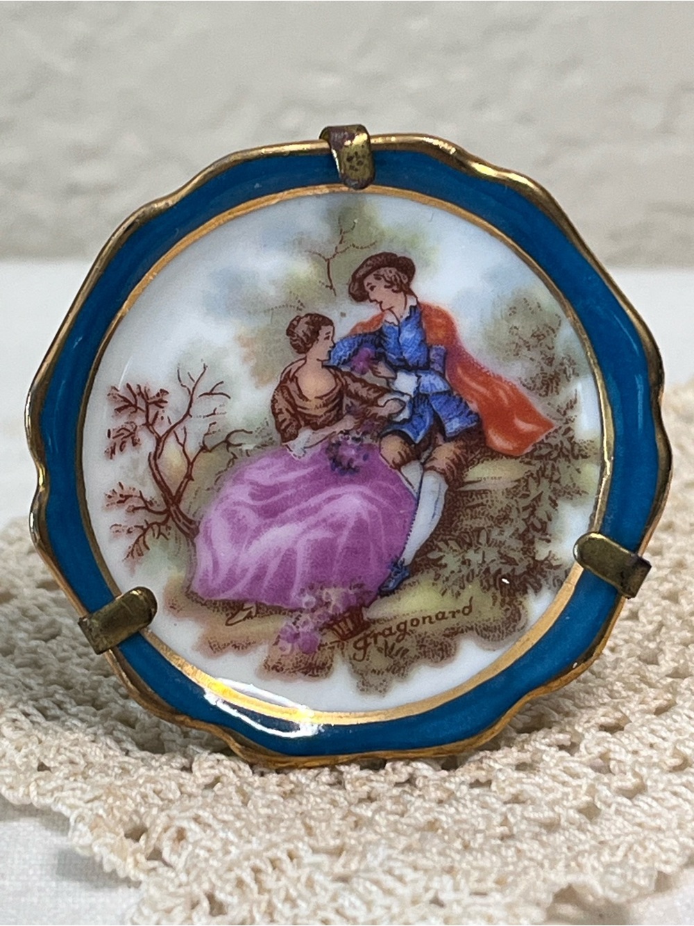Vintage Limoges France Fragonard Porcelain Miniature Plate Brooch Pin Blue Gold